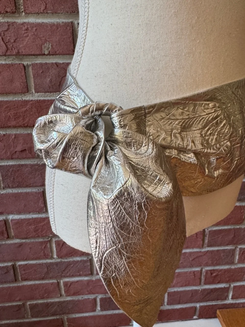 Embossed Floral Design Silver Metallic Leather Waist Wrap Belt O/S Handmade USA